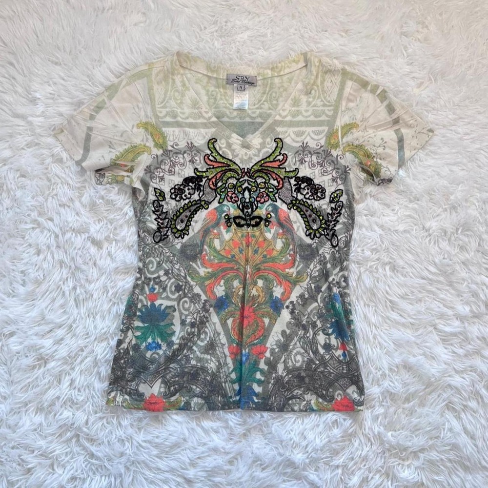 y2k multi colored paisley print rhinestone top medium